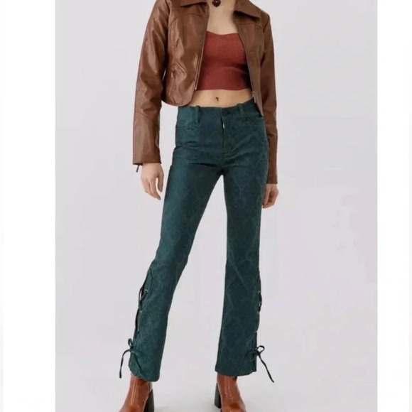Urban Outfitters Lace up dark green Damask print pants - Picture 1 of 9